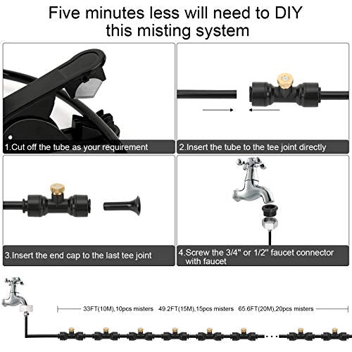 GMAULEE Misting Cooling System, DIY 65.6FT(20M) Misting Line +20 Brass Mist Nozzles+ a Brass Connector(3/4'') Outdoor Mister System for Patio Waterpark Garden Trampoline Greenhouse - size: 65.6 ft (20M)+20 Brass