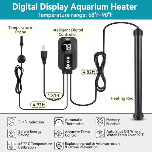 hygger Marine Aquarium Heater 500W,Titanium Heater with Digital LED Controller & Temperature Probe,Submersible Fish Tank Heater with Temperature Calibration,for Saltwater Freshwater Tank 70-80Gallon - size: 500W for 70-80 Gallon