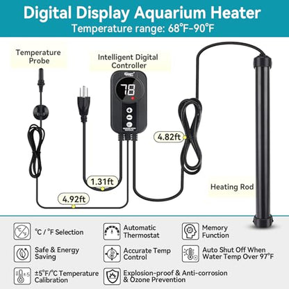 hygger Marine Aquarium Heater 500W,Titanium Heater with Digital LED Controller & Temperature Probe,Submersible Fish Tank Heater with Temperature Calibration,for Saltwater Freshwater Tank 70-80Gallon - size: 500W for 70-80 Gallon