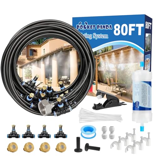 Misters for Outside Patio,80FT|24M.Outdoor Misting Cooling System | Backyard Cooling Mist Kit for Garden,Greenhouse,Deck,Umbrella,Canopy,Pool,Porch,Trampoline,Park BBQ Party - color: Black, size: 80FT-Pre-Flt