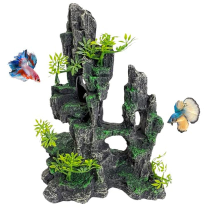 kathson Aquarium Mountain View Stone Resin Fish Tank Decoration Betta Hideout Caves Rockery Landscape Tree Rock Hiding Cave Decor for Small Fish Shrimp Play Ornament - size: 8.0〞L x 4.3〞W x 10.4〞H