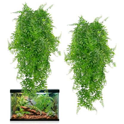 RAINFLOW 2PCS Fake Hanging Plants - Artificial Reptile Habitat Vines | UV Resistant Artificial Boston Ferns for Bearded, Dragon, Snake. Geckos, Hermit Crab, Lizard, Chameleon, 31.5 Inch - size: 31.5"x5.1"