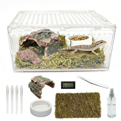 Reptile Terrarium Kit Small Gecko Tank Tarantula Isopods Insect Enclosure | Hermit Crab Tank,Acrylic,Box Packaging,with Moss Bottle Stands Tweezer Thermometer Hideout Food Bowl,for Frog Scorpion