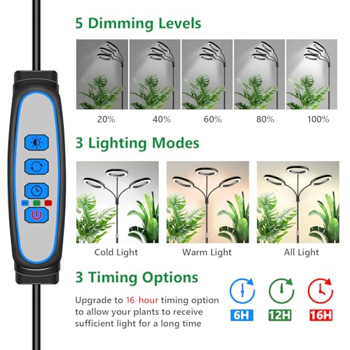 Aumtrly 3 Head Black Floor Grow Light for Large Tall Indoor Plants Growing | 252 LED Full Spectrum Lamp with Stand, 6/12/16H Timer, 5 Dimming Level, 68" Adjustable Height, Flexible Gooseneck, Metal Base - size: 3 head 68inch/black