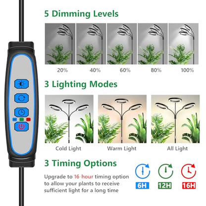 Aumtrly 3 Head Black Floor Grow Light for Large Tall Indoor Plants Growing | 252 LED Full Spectrum Lamp with Stand, 6/12/16H Timer, 5 Dimming Level, 68" Adjustable Height, Flexible Gooseneck, Metal Base - size: 3 head 68inch/black