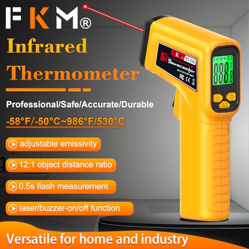 FKM Infrared Thermometer Gun Non-Contact Laser Temperature Gun -58°F~986°F | (-50°C~530°C) Adjustable Emissivity,Digital Thermometer Gun for Cooking,Oven,Griddle,Automotive,HVAC,Industrial,Not for Human - color: Yellow