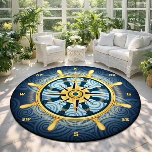 keepcute 6 ft Round Compass Rose Area Rug Nautical Non Slip Floor Mat - color: Gold Compass Rose, size: 6' (Round)