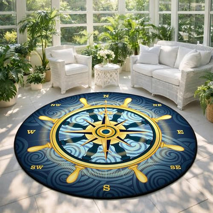 keepcute 6 ft Round Compass Rose Area Rug Nautical Non Slip Floor Mat - color: Gold Compass Rose, size: 6' (Round)