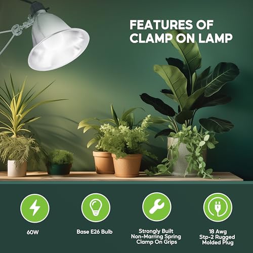 HealSmart 5.5" Clamp Light Socket, 60-Watt Maximum with 6 Feet 18/2 SPT-2 Cord, Aluminum Reflector E26 (no Bulb Included), for Reptiles and Plants Growing, 2-Pack - size: 5.5 Inch (60 Watts), style: 2-Pack