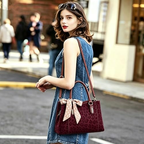 3 Compartment Satchel Purse Top Hnadle Bags Hobo Handbag for Women | Multi Compartment,Medium,Leopard Print Faux Fur,Detachable Shoulder Crossbody Strap,Work Office Daily,High elasticity base - color: Wine Leopard