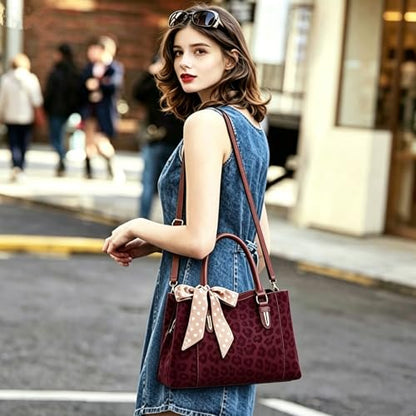 3 Compartment Satchel Purse Top Hnadle Bags Hobo Handbag for Women | Multi Compartment,Medium,Leopard Print Faux Fur,Detachable Shoulder Crossbody Strap,Work Office Daily,High elasticity base - color: Wine Leopard