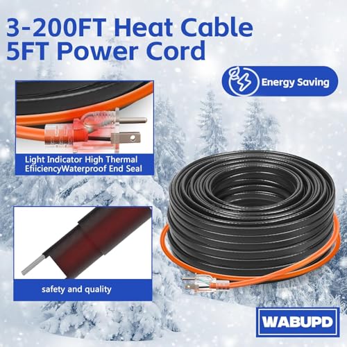 3FT-200FT Heat Tape for Water Pipes, -40°F Deicing Pipe Heat Cable,Electric Heating Cable Pipe,Frezze Protection for Heat Trace Cable for Metal, Plastic Home Pipes,Gutter,120V 5W/ft（120FT） - size: 120FT