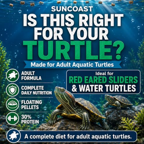 Suncoast Aquatic Turtle Food for Adult Turtles - Floating Pellets with 30% Protein, Calcium, Vitamin E, Omega-3 & Vitamin C, Complete Diet for Red Eared Sliders & Water Turtles - 1.5 lbs - size: 1.5 Pound (Pack of 1)