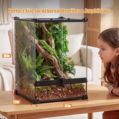 11 Gallon Fully Assembled Glass Reptile Enclosure,12"x 12" x 18" | Front Opening Tall Reptile Terrarium Tank for Crested Geckos, Tree Frogs & Other Arboreal Reptiles and Amphibians - size: 12"Lx12"W x18"H