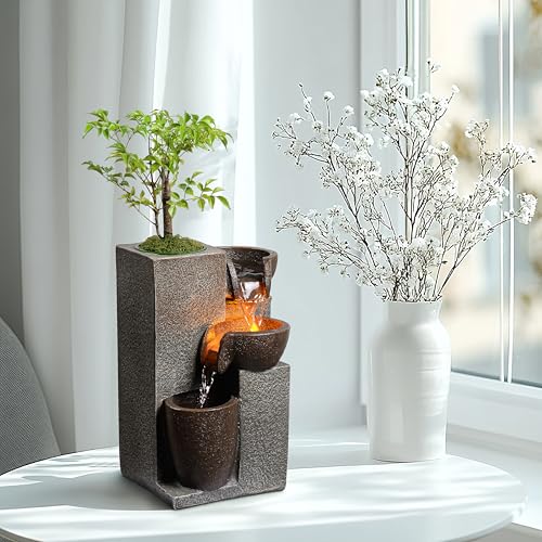 Resin Tabletop Waterfall Fountain with LED Light & Plant Pot, Indoor Desk Water Fountains for Home Office Decor (22028N)