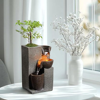 Resin Tabletop Waterfall Fountain with LED Light & Plant Pot, Indoor Desk Water Fountains for Home Office Decor (22028N)