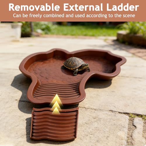 3 PCS Tortoise Water Dish Reptile Bathing Pool with Removable Ramp and Leaf Reptile Food Dish & Water Bowl Tortoise Habitat Accessories for Turtle, Gecko, Snake, Bearded Dragon, Lizard