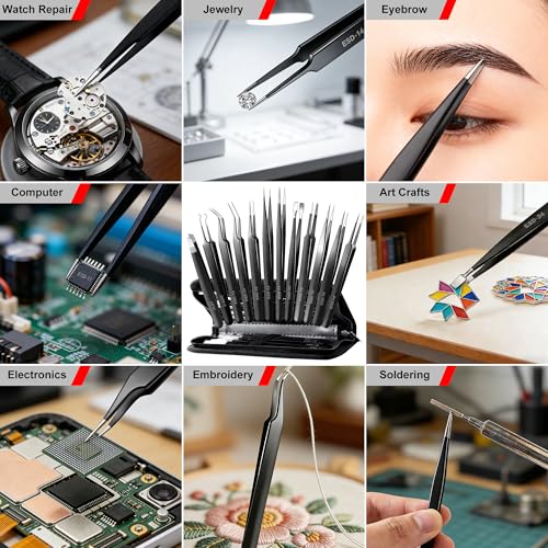 Antonki 12-in-1 Precision Metal Tweezers Set with Leather Case | High Quality, 1.5mm Thick, Strong Hardness, Rustproof, Anti-Static, Tips Cover, Complete Set, Portable Design - color: Precision Tweezers 12 Pack W/ Case - Full Black