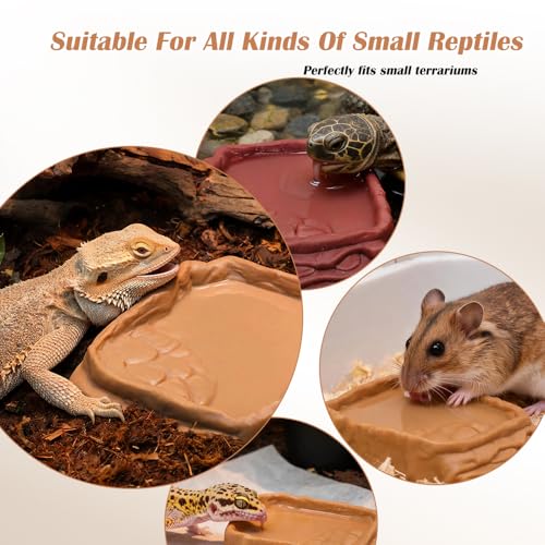 2 Pack Reptile Water Bowls, Rock Reptile Food Dish, Plastic Terrarium Feeding Bowl for Bearded Dragon Leopard Gecko Lizard Turtle Frog Snake Small Pets (Brown and Yellow)