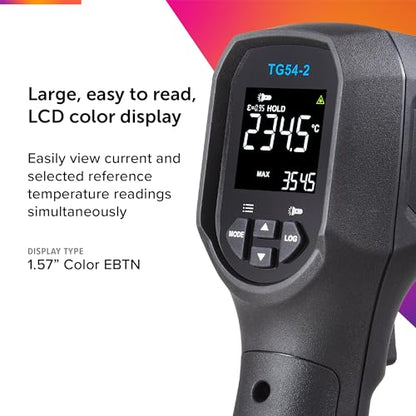 Flir TG54-2 Infrared Spot Thermometer, -22 to 1562F, 20:1 | Non-contact, 20:1 distance-to-spot, color display, IP65, 3m drop, 9V battery (8hr), lanyard - style: TG54-2