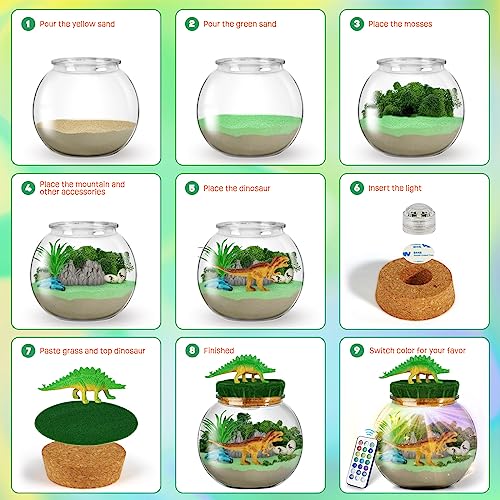 Dinosaur Terrarium Kit, Dinosaur Toys for Kids 5-7, Birthday Gifts for Boys | DIY terrarium with 13 LED colors and 5 dinosaur miniatures; science craft kit and birthday gifts for boys ages 5-12 - style: Dinosaur Kit