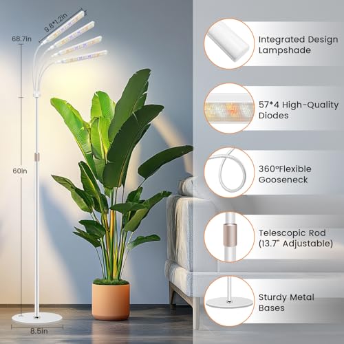 Kullsinss Grow Lights for Indoor Plants, 4-Head Full Specturm Plant Grow Light with 4/8/12/16H Timer, 3 Color Modes, 5 Brightness, 24-68.7in Height Adjustable Floor Growing Lamp for Tall Large Plants - color: 4 Heads (White)