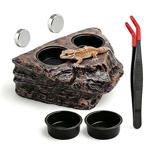 Magnetic Crested Gecko Feeding Ledge with Tongs, 4-Cup Rock Feeder | Made of pet-safe rock plastic for arboreal tanks, this dual-magnet dish stays secure, paired with 6.29in feeding tweezers