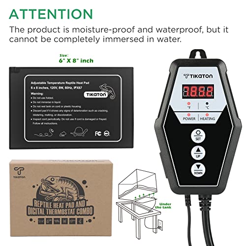 Tikaton Reptile Heating Pad and Digital Thermostat Combo Set, Under Tank Heater for 10-20gal/30-40gal Tank, Terrarium Heat Mat for Turtle/Snake/Lizard/Frog/Spider/Plant Box - size: 1 Pack-6" X 8"