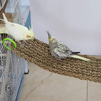 39 x 7 Inches Seagrass Mat, Natural Seagrass Woven Net, Bird Hammock Mat with Hooks, Cage Accessories, Climbing Rope Ladder Chew Toys for Cockatiel, Hamster, Guinea Pig, Rats, Parakeet - size: 39 x 7 Inches