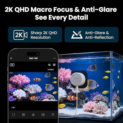 litokam F1.0 Aperture Fish Tank & Reptile Pet Camera.2K 3MP Anti-Glare Aquarium Terrarium Camera with Close-Focus Lens, 147° Ultra-Wide Angle, 3X Zoom, 2.4G/5GHz WiFi