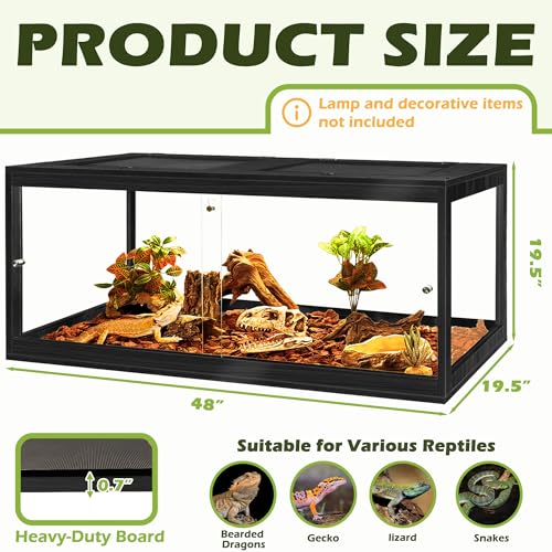 82 Gallon Bearded Dragon Tank, 48 x 20 x 20 Inch Tempered Glass Reptile Enclosure with Metal Mesh Top, Lockable Sliding Front Doors, Large Lizard and Snake Terrarium, Black - color: Black, size: 82 Gallon (48x19.5x19.5 Inch)