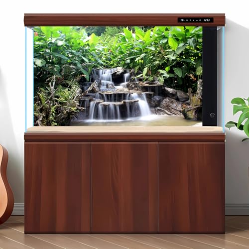 Waterfall Aquarium Background Garden Style Lush Green Plants Terrarium Backgrounds Cascading Falls Stream Jungle Rocks Fish Tank Background Garden View Landscape Reptile Tank Backgrounds 24x12in - color: Leaf_Green, size: 24(W)x12(H)inches/ 60(W)*30cm(H)