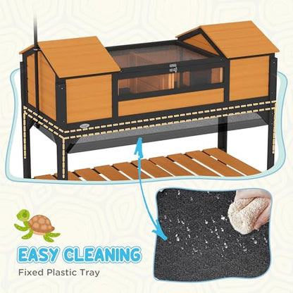 PawHut Tortoise Habitat with Adjustable Lamp Holder, Attached Tray Yellow | Wooden Tortoise Enclosure, Storage Shelf, Dual Main Houses, Openable Lid - color: Yellow