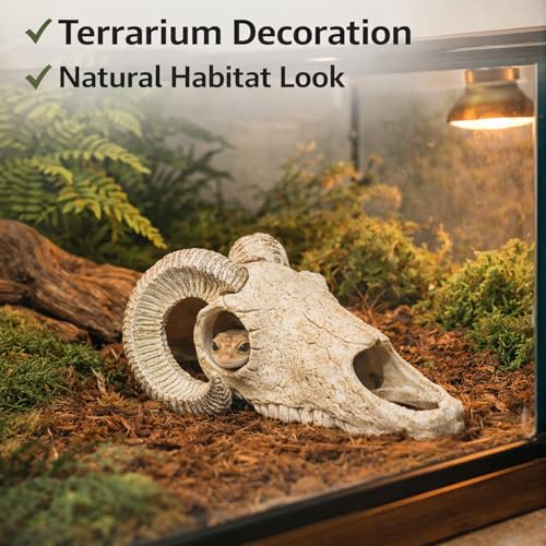 Reptile Hide Cave, Ram Skull Resin Shelter for Leopard Gecko, Lizard, Small Snake, Frog and Salamander, Terrarium Aquarium Fish Tank Decor for Small Reptiles and Amphibians