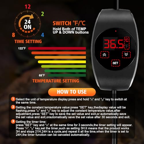 Reptile Dimming Thermostat Heat Lamp Temperature Controller for Seed Germination, Reptiles and Brewing Breeding Incubation Greenhouse, with LED Digital Screen, Memory Function, Switch Control Function