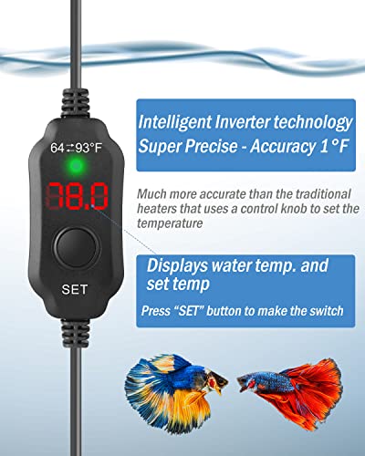 AquaMiracle Mini Aquarium Heater 5V/2A USB 10W Small Fish Tank Heater for Tanks up to 1 Gal, Digital Display Thermostat Betta Heater with Dry-Run & Overheat Protection, Memory Function - size: ≤ 1 Gal Tanks