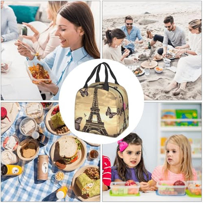 Insulated Lunch Bag Eiffel Tower Flowers and Butterflies Lunch Box for Women Men Reusable Leakproof Lunch Cooler Bag for Office Picnic - color: Eiffel Tower Flowers And Butterflies