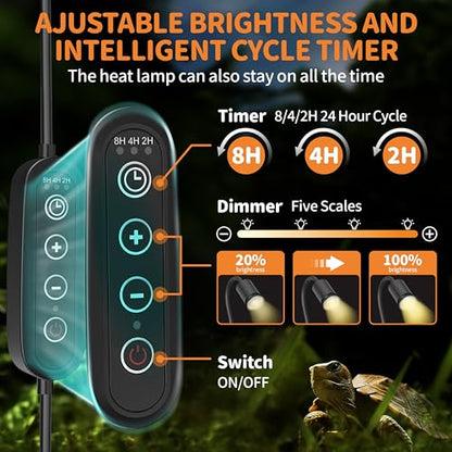 GOZILLA Reptile Heat Lamp, Turtle Lamp with 360° Goose Neck Rotatable Timing & Dimming Cycle Timer, 25W+50W UVA/UVB Reptile Light Bulbs for Reptiles and Amphibian Tanks, Terrariums and Cages.(Black) - color: Goose Neck-Black