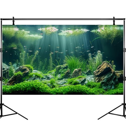 Underwater Aquatic Seagrass Aquarium Background Under The Sea Grass Leaves Lush Green Moss Fish Tank Background Deep Sea Rock Cork with Foggy Misty Sunbeams Terrarium Backgrounds Wallpaper 48x20in - size: 48(W)x20(H)inches/ 120(W)*50cm(H)