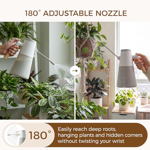 Bamworld Electric Sprayer with Adjustable Long Nozzle for Indoor Plants | Outdoor 2 Spray Modes Battery Powered Sprayer Gardening Cleaning Minimalist White Design with Wood Grain Handle - color: White, size: 1400ml