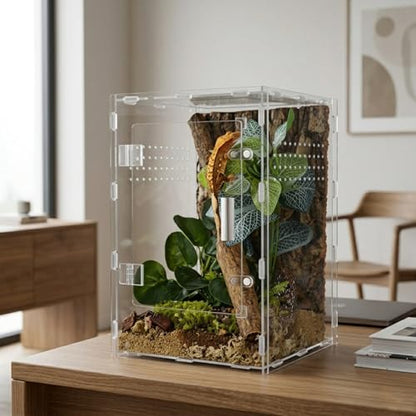 8x8x12 Acrylic Reptile Enclosure - Clear Terrarium Geckos Spiders | Metal mesh top for UVB compatibility with lightweight full-view acrylic construction - size: 8"8"12"