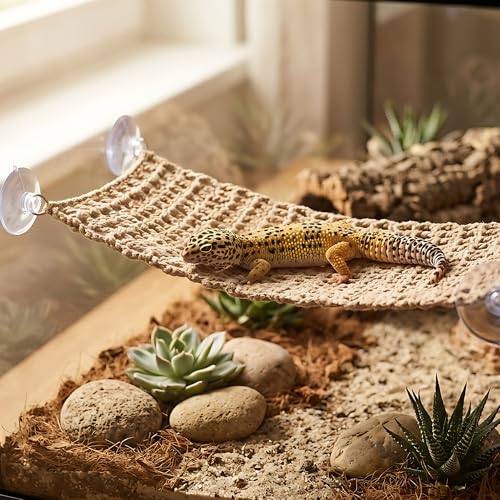 Cotton Reptile Hammock, Bearded Dragon Basking Bed & Snake Accessory | Washable 5.12"x17.72" strong suction bed for crested geckos & chameleons. Ideal vivarium tank accessories decor, snag-free