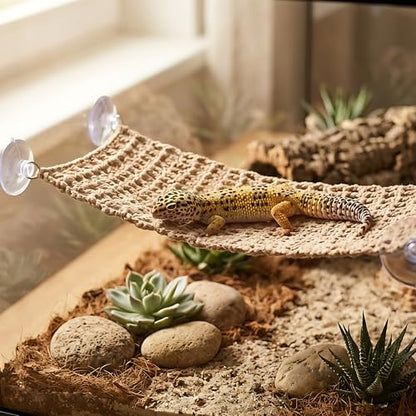 Cotton Reptile Hammock, Bearded Dragon Basking Bed & Snake Accessory | Washable 5.12"x17.72" strong suction bed for crested geckos & chameleons. Ideal vivarium tank accessories decor, snag-free