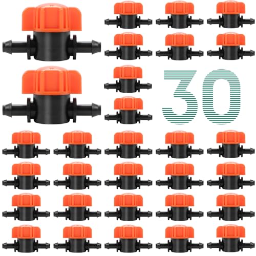 RedChili 30 Pack 1/4" Drip Irrigation Shut Off Valves, in-Line Barbed Ball Valve for 1/4 Inch Drip Irrigation Tubing Anti-Drop Drip Line Water Flow Control Valve Parts for Garden Irrigation System - size: 1/4" Shutoff Valve-30P