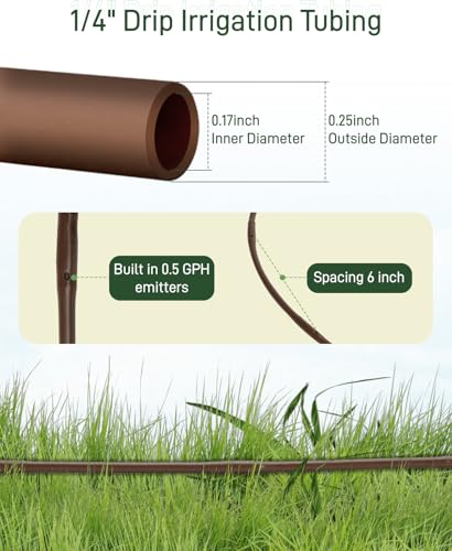 1/4" Drip Irrigation Tubing with 6" Emitter Spacing, (500 Ft Roll) Hydroponics Dripline with Built-in 0.5 GPH Dripper, Drip Line for Vegetation, Window Boxes and Garden (Brown) - size: 500FT