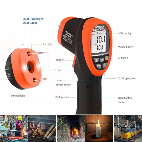HOLDPEAK Non-Contact Infrared Thermometer with APP, High Temp Laser Temperature Gun (-58°F~2732°F), D:S=30:1, MAX/MIN/AVG/DIF, High/Low Temp Alarm, Backlight for Industrial & Home Use (NOT for Human)