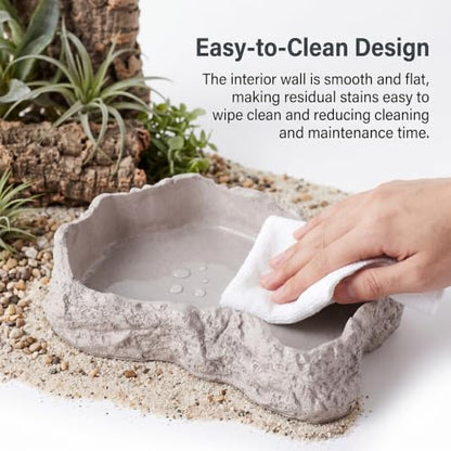 Reptile Water Dish 600ml Tortoise Food Bowl - Natural Rock Texture Reptile Bowl, White, 8.9" X 6.50" X 1.77", Snake Water - color: White