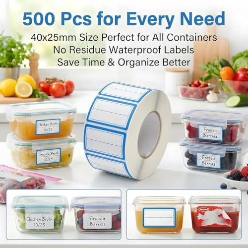 500Pcs 40x25mm 2-Line Blue Border Freezer Labels, Writable Stickers | 500Pcs 40x25mm labels; removable writable adhesive for jars, containers, meal prep, pantry storage, and freezer use. - color: 500pcs Blue 2-line