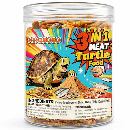Turtle Food for Reptiles, 3 oz Canister - 3-in-1 Blend of Dried Mealworms, River Shrimp & Fish - Turtle Treats with High Protein, Reptile Treats for Aquatic Turtles (3 oz)