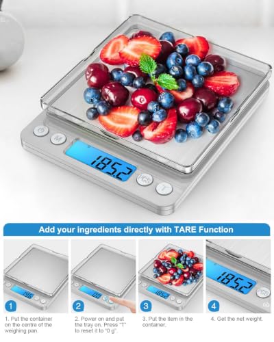 AMIR Digital Kitchen Scale, 3000g 0.01oz/ 0.1g Pocket Coffee Scale, Mini Food Scale, Pro Electronic Jewelry Scale with Back-Lit LCD Display, Tare & PCS Functions, Stainless Steel, Batteries Included - color: Sliver
